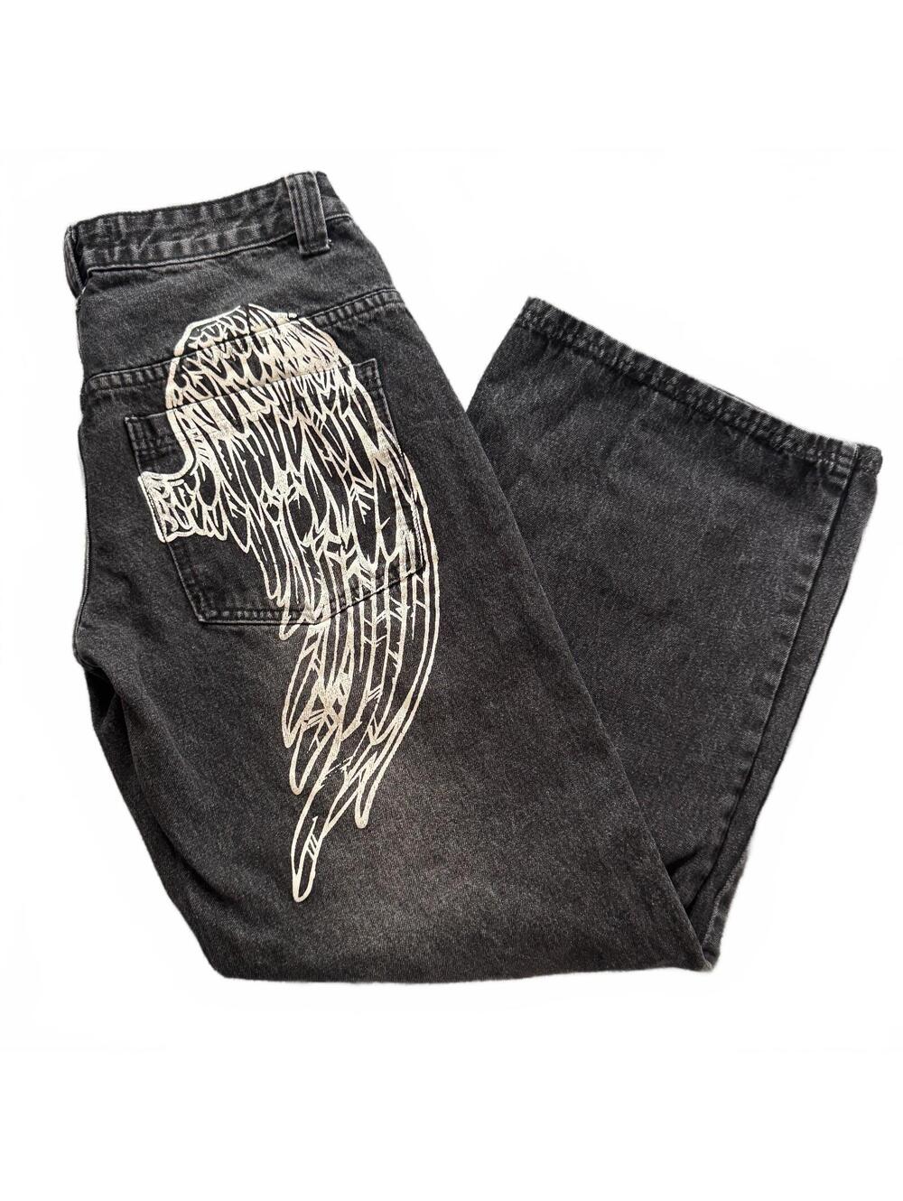 Disclosure Angel Wing Wide Leg Jeans Black Acid Wash Graphic Grunge Cap 7/28